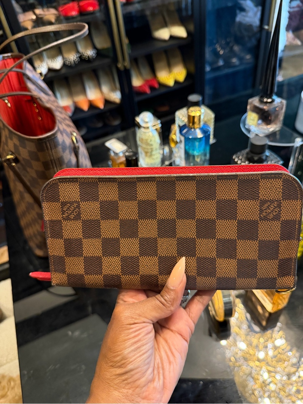 Louis Vuitton Damier Ebene Wallet with Red Trim